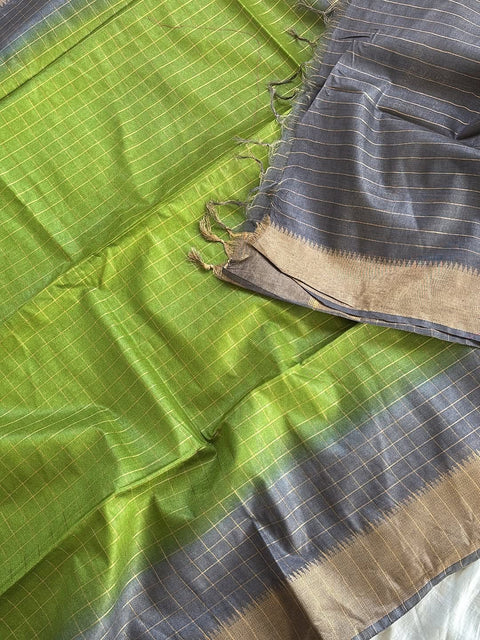 Semi Mangalgiri Cotton Silk Saree - Green & Grey Color