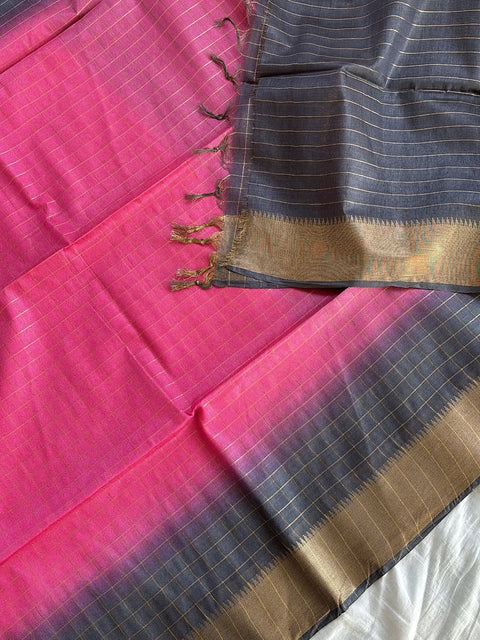 Semi Mangalgiri Cotton Silk Saree - Pink & Grey Color