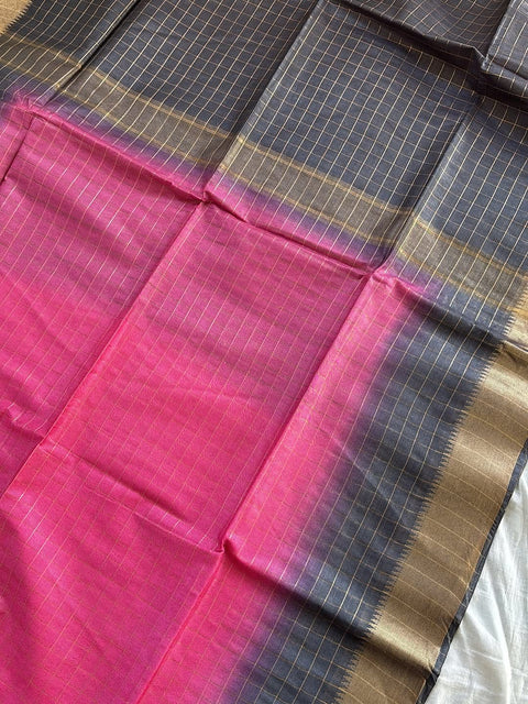 Semi Mangalgiri Cotton Silk Saree - Pink & Grey Color