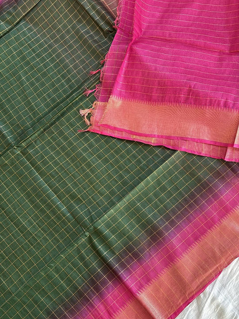 Semi Mangalgiri Cotton Silk Saree - Green & Pink Color