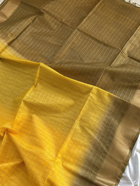 Semi Mangalgiri Cotton Silk Saree - Yellow & Brown Color