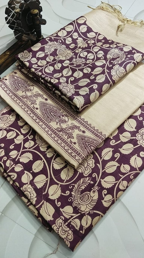 Cotton Silk Kalamkari Printed Dress Material - Purple Color