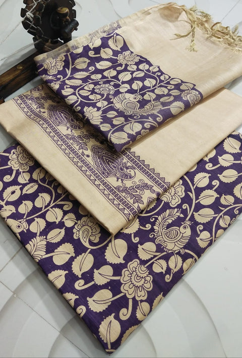 Cotton Silk Kalamkari Printed Dress Material - Blue Color