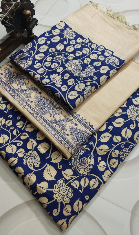 Cotton Silk Kalamkari Printed Dress Material - Blue Colour