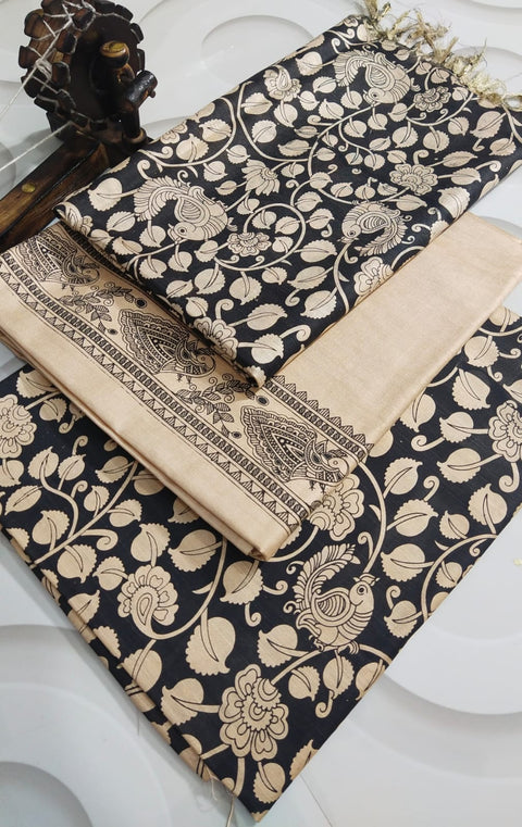 Cotton Silk Kalamkari Printed Dress Material - Black Color