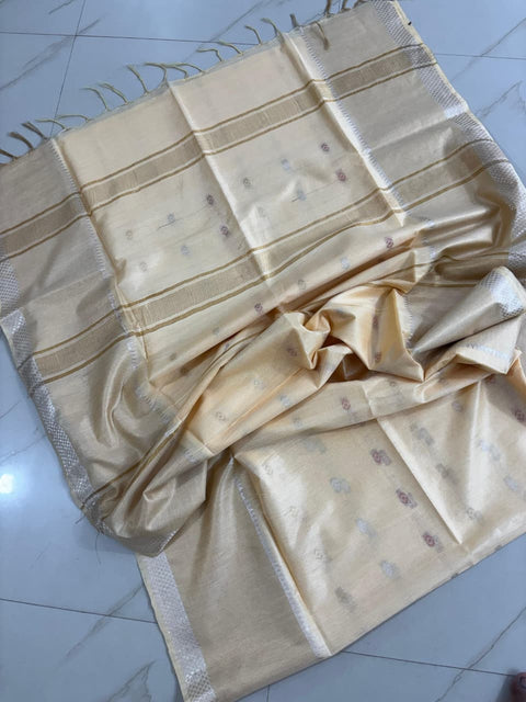 Woven Tussar Semi Silk Saree  - White Color