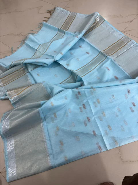 Woven Tussar Semi Silk Saree  - Sky Blue Color