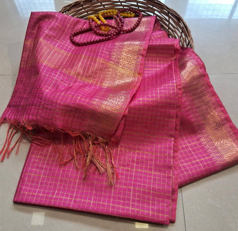 कोटा स्टेपल सिल्क मंगलगिरी मिनी चेक्स साड़ी - पीच