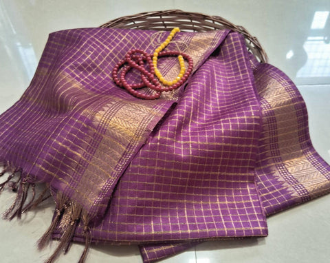Semi Mangalgiri Mini Checks Saree - Lavender Color