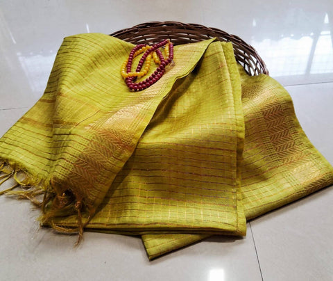Semi Mangalgiri Mini Checks Saree - Yellow Color
