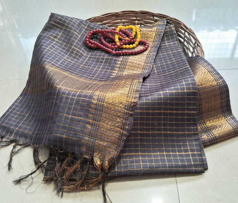 Semi Mangalgiri Mini Checks Saree - Grey Color