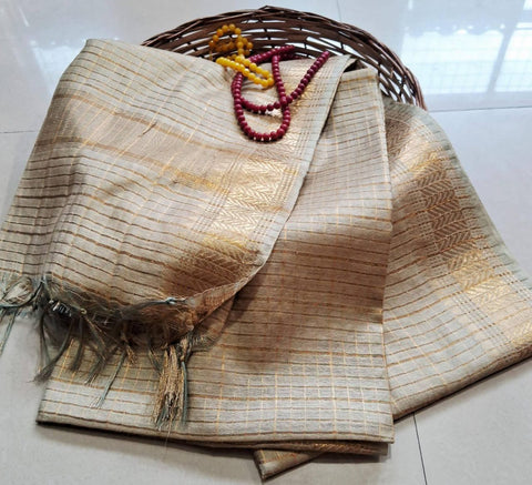 Semi Mangalgiri Mini Checks Saree - Cream Color