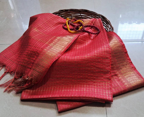 Semi Mangalgiri Mini Checks Saree - Red Color