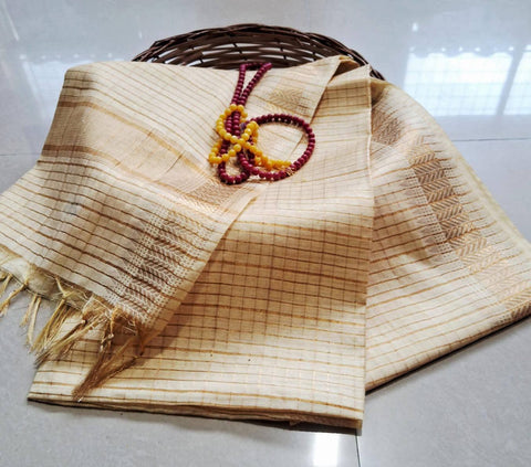 Semi Mangalgiri Mini Checks Saree - Off White Color