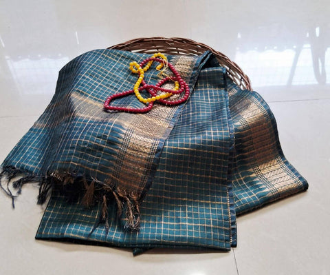 Semi Mangalgiri Mini Checks Saree - Dark Green Color