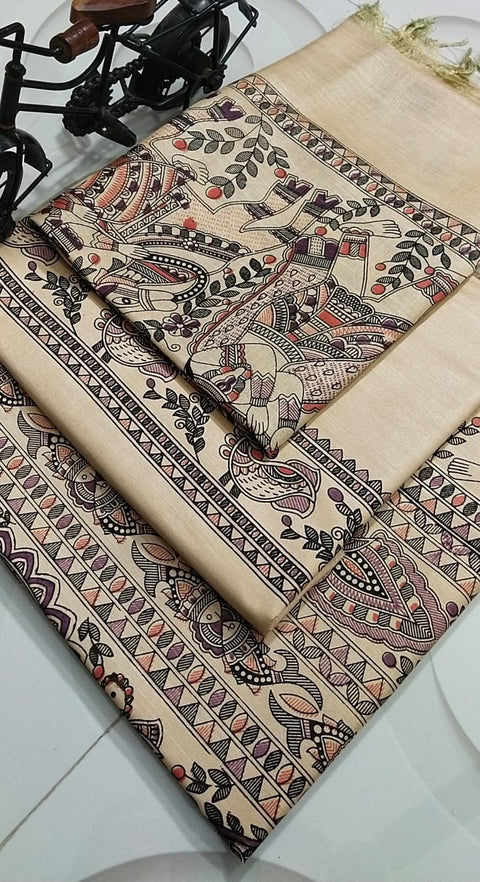 Semi Tussar Madhubani Printed Suit - Design No.3