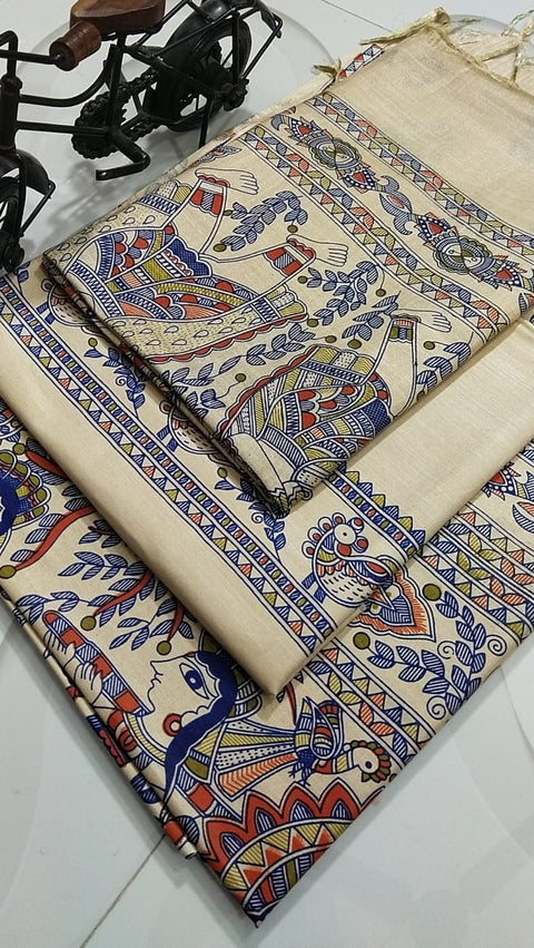 Semi Tussar Madhubani Printed Suit - Design No.4