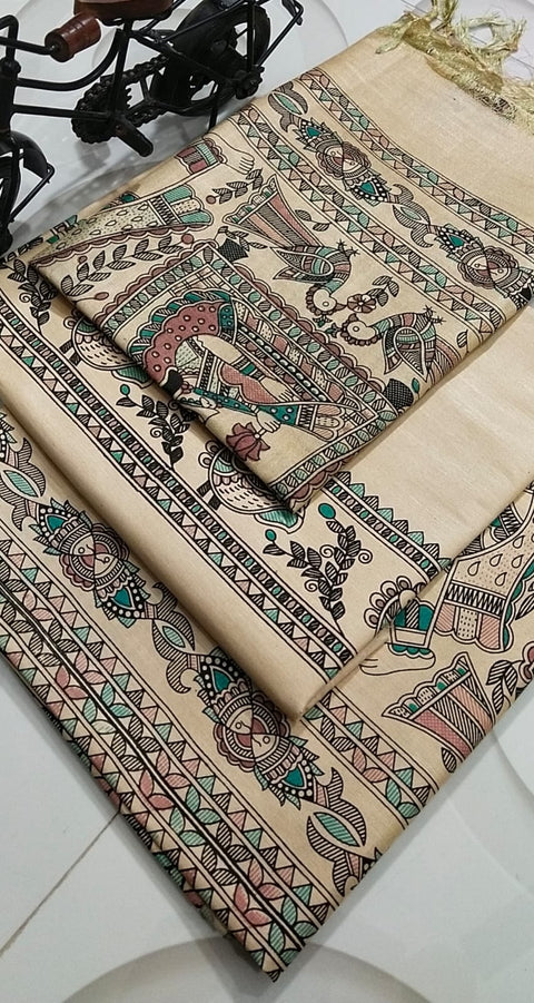 Semi Tussar Madhubani Printed Suit - Design No.5