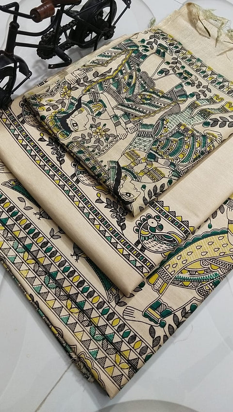 Semi Tussar Madhubani Printed Suit - Design No.7