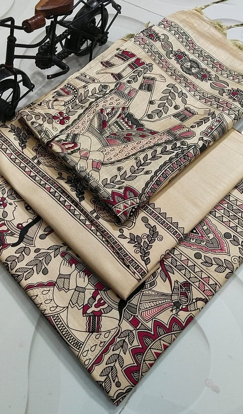 Semi Tussar Madhubani Printed Suit - Design No.8