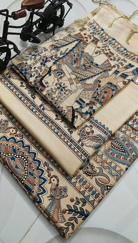 Semi Tussar Madhubani Printed Suit - Design No.9