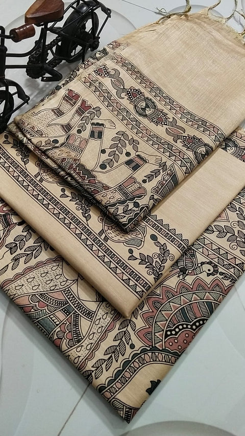 Semi Tussar Madhubani Printed Suit - Design No.10