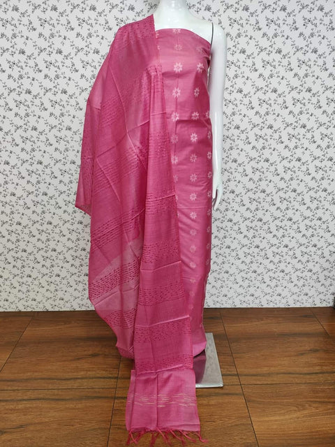 Semi Tussar Silk Dress Material with Star Buta Weave - Pink Color