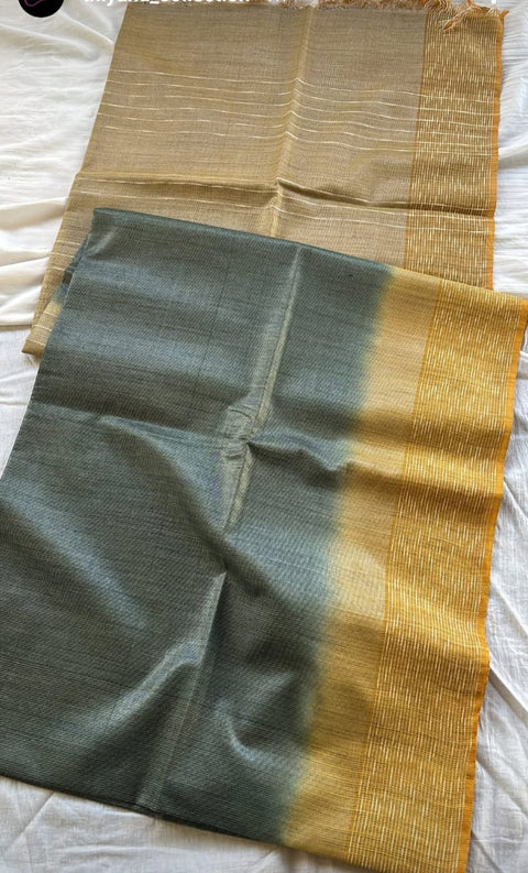 Baswada Jute Silk Saree - Green & Yellow Color