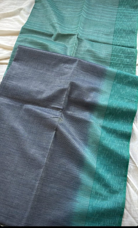 Baswada Jute Silk Saree - Grey & Sea Green Color