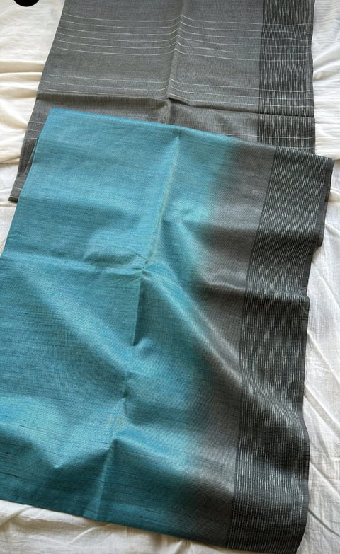Baswada Jute Silk Saree - Sea Green & Grey Color