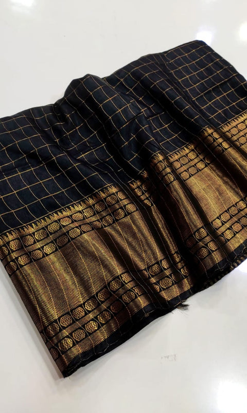 Semi Silk Mangalgiri Cotton Saree - Black Color