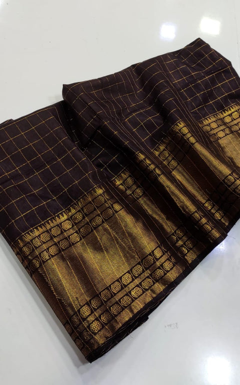 Semi Silk Mangalgiri Cotton Saree - Brown Color