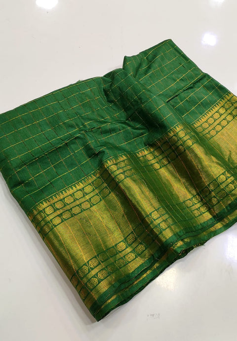 Semi Silk Mangalgiri Cotton Saree - Green Color