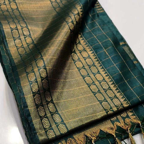 Semi Silk Mangalgiri Cotton Saree - Dark Green Color