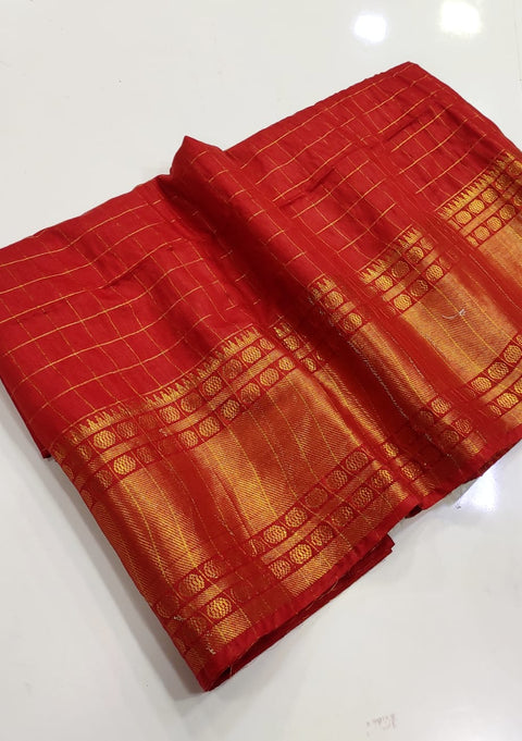 Semi Silk Mangalgiri Cotton Saree - Red Color