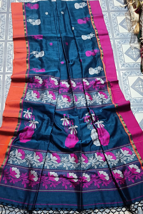 Cotton Jamdani Woven Saree - Blue Color