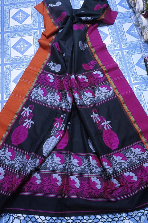 Cotton Jamdani Woven Saree - Black Color