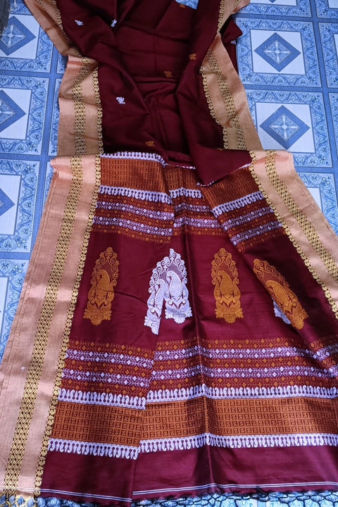 Jamdani Cotton Weaving Saree - Maroon Color