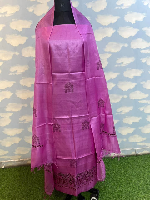 Semi Tussar Silk Embroidery Dress Material  - Pink Color