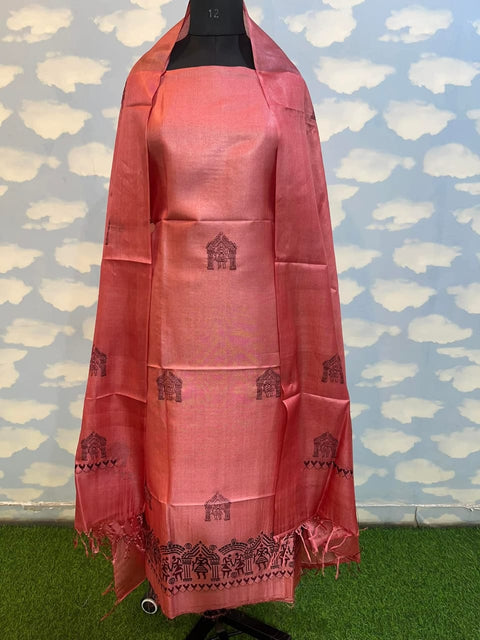 Semi Tussar Silk Embroidery Dress Material  - Peach Color