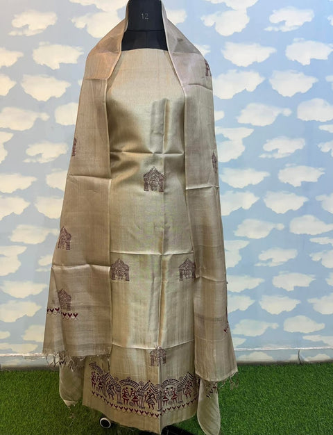 Semi Tussar Silk Embroidery Dress Material  - Beige Color