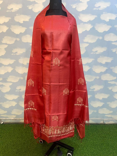 Semi Tussar Silk Embroidery Dress Material  - Red Color