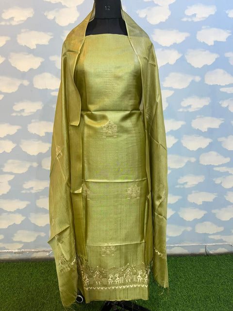 Semi Tussar Silk Embroidery Dress Material  - Green Color