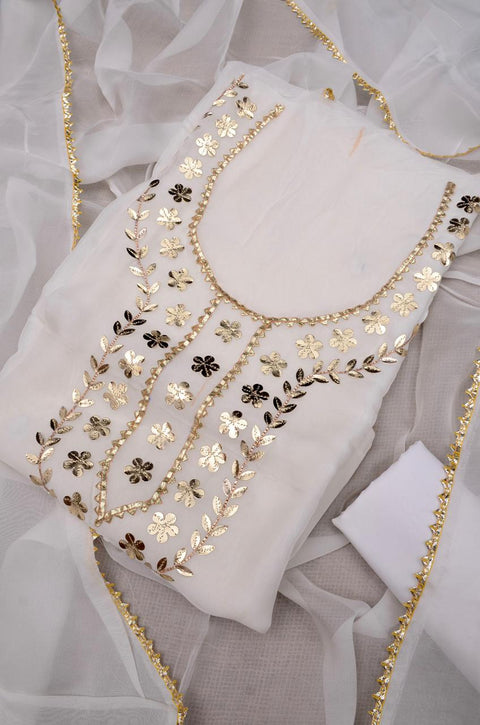 Organza Gota Patti Work Suit - White Colour