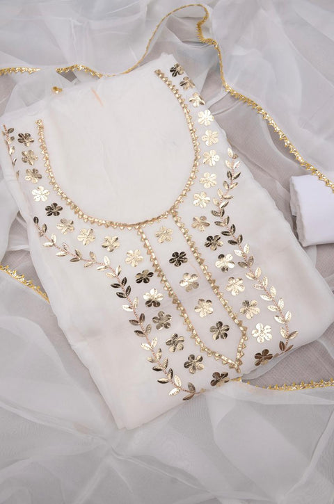 Organza Gota Patti Work Suit - White Colour