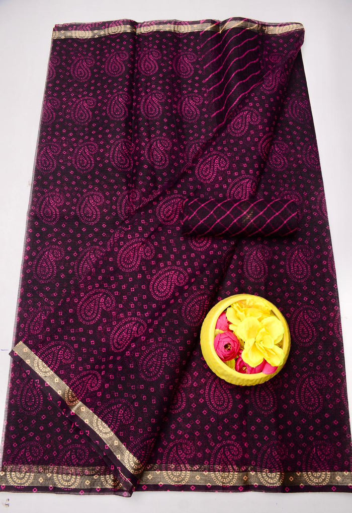 Kota Doria Bandhej Leheriya Saree - Dark Purple Color