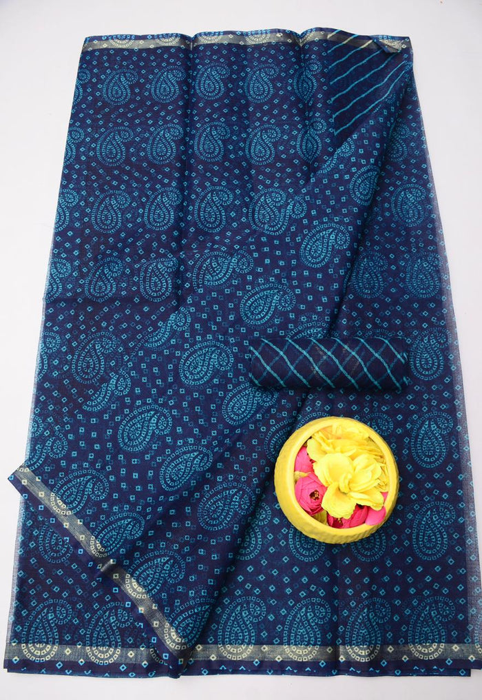 Kota Doria Bandhej Leheriya Saree - Blue Color