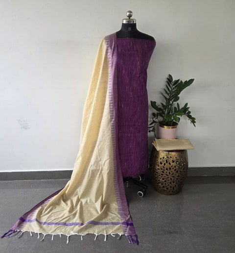 Cotton Handwoven Dress Material - Purple Colour