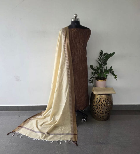 Cotton Handwoven Dress Material - Dark Brown Colour