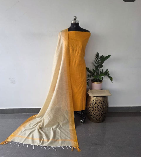 Cotton Handwoven Dress Material - Yellow Colour